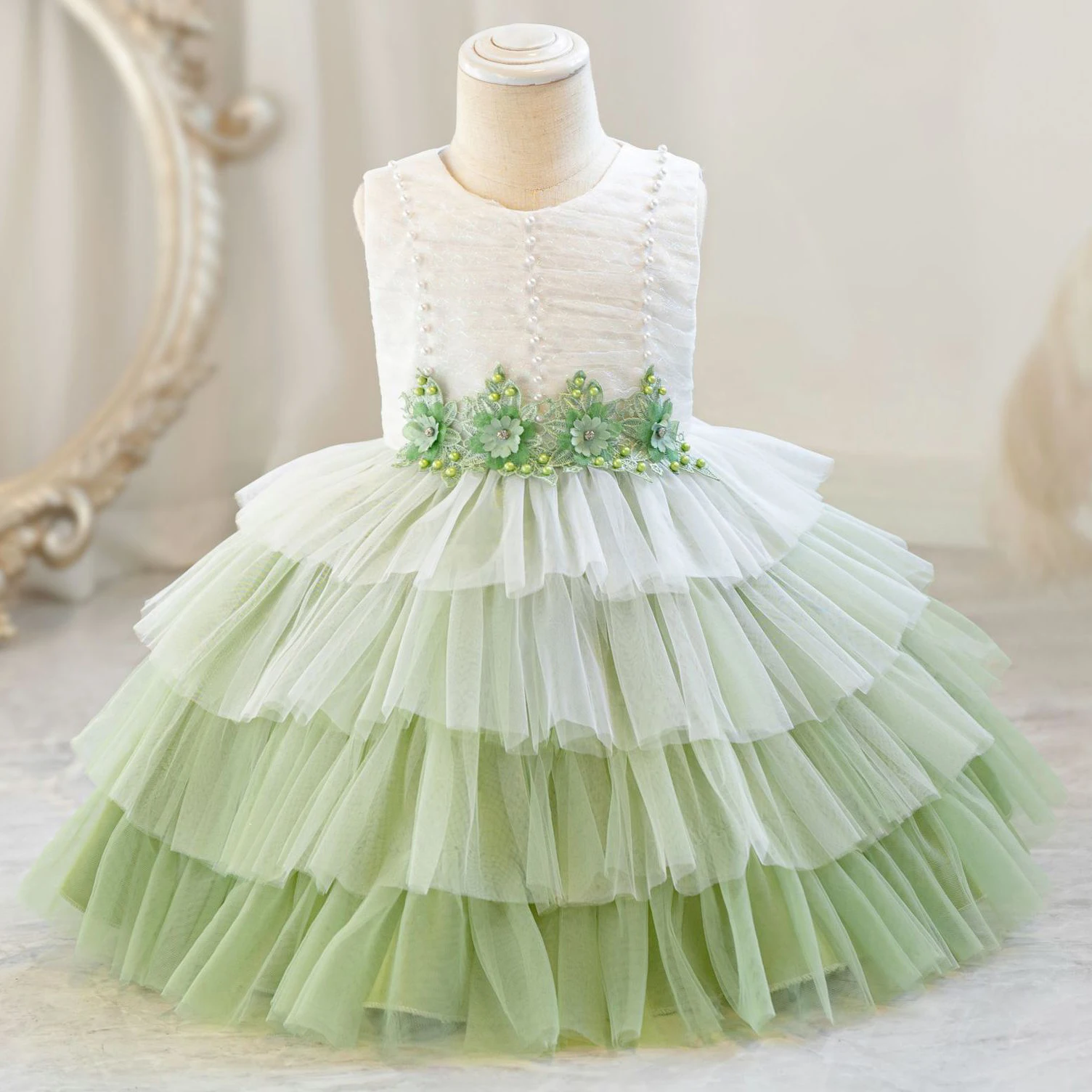 XMLSY Baby Little Girls Beaded Layered Ruffled Cupcake Tutu Dress Birthday Party Formal Pageant Dress AX173