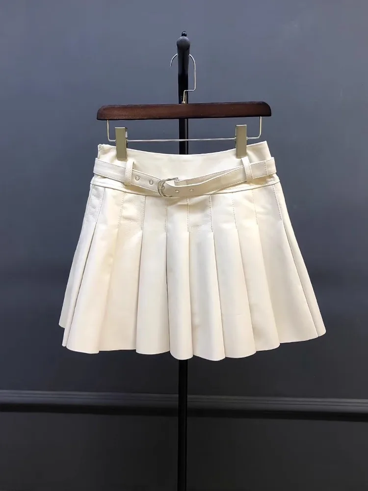 Autumn Women Sweet Sheepskin Genuine Leather Pleated Skirt High Waist Belt Fashion Casual Party Solid Color A Line Short Skirts