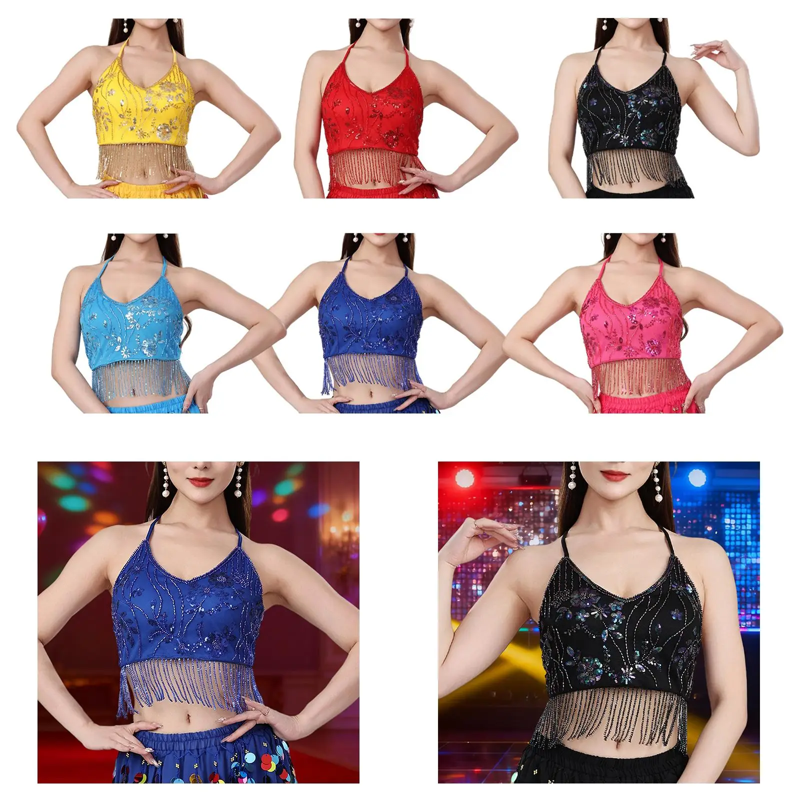 Lace Up Adjustable Belly Dance Tassel Crop Top Eye Catching Halter Neck Camisole for Performance Lesson Wear
