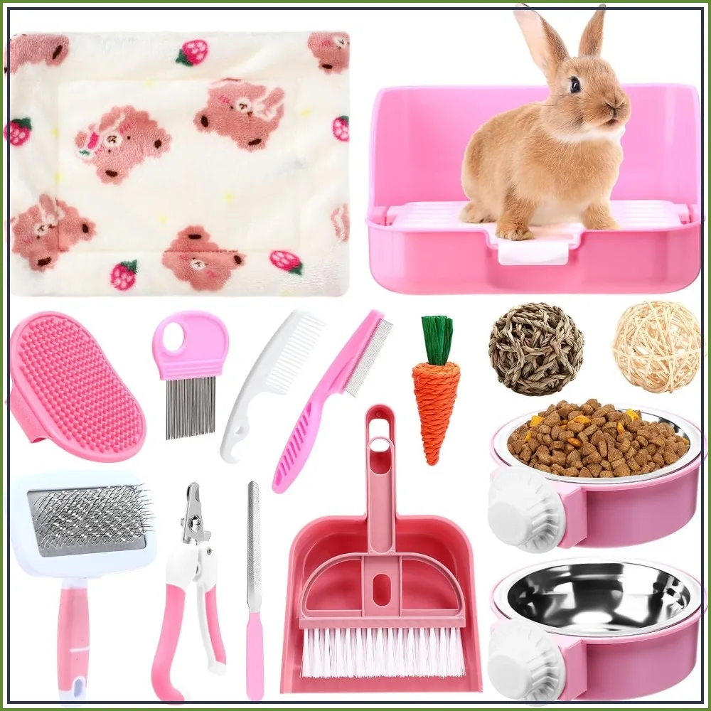 

15 Pcs Rabbit Starter Kit: Litter Box, Grooming Set, Toys, Bowl, Blankets & Cleaning Set for Guinea Pig Accessories (Pink)