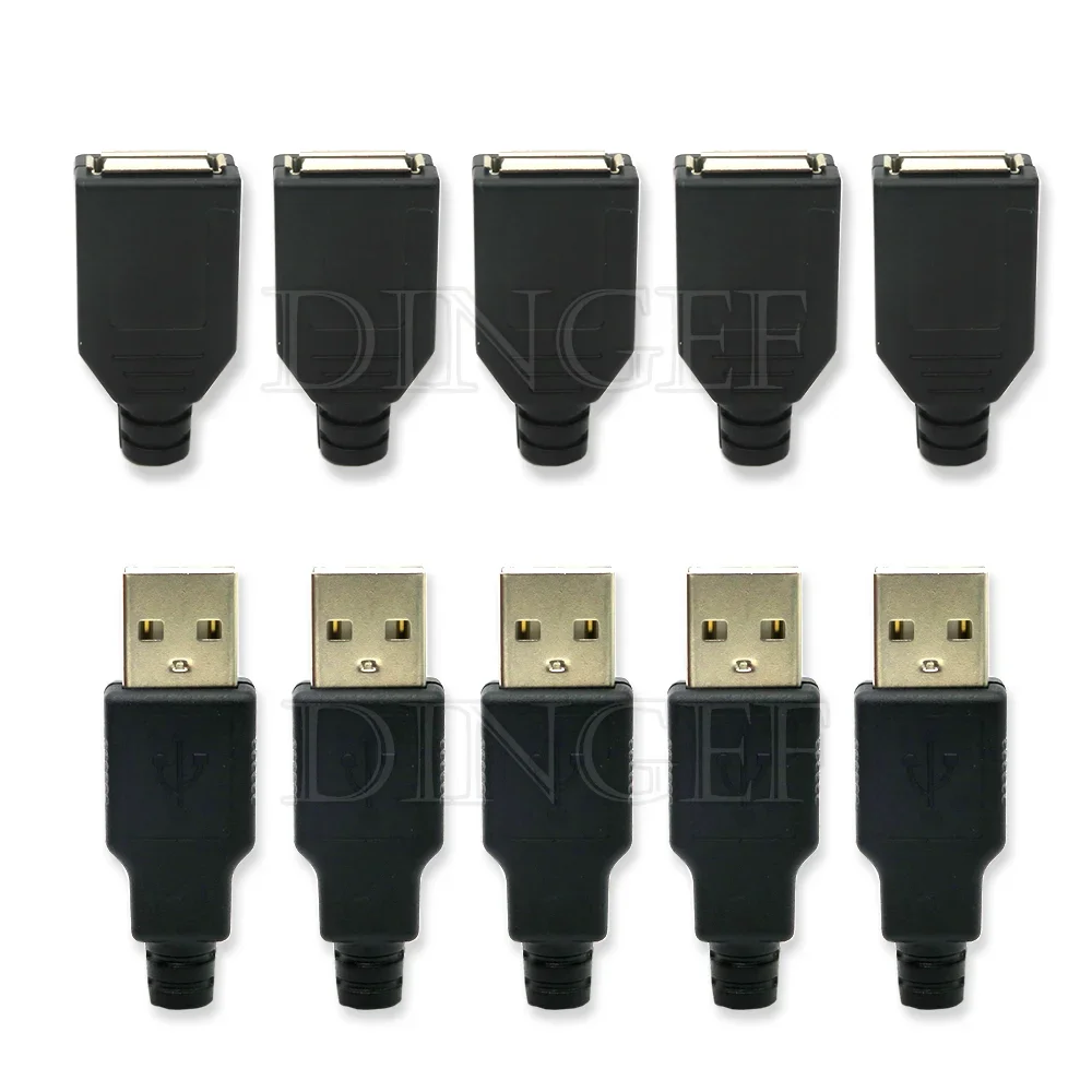 10pcs Type A Male Female USB 4 Pin Plug Socket Connector With Black Plastic Cover Type-A DIY Kits