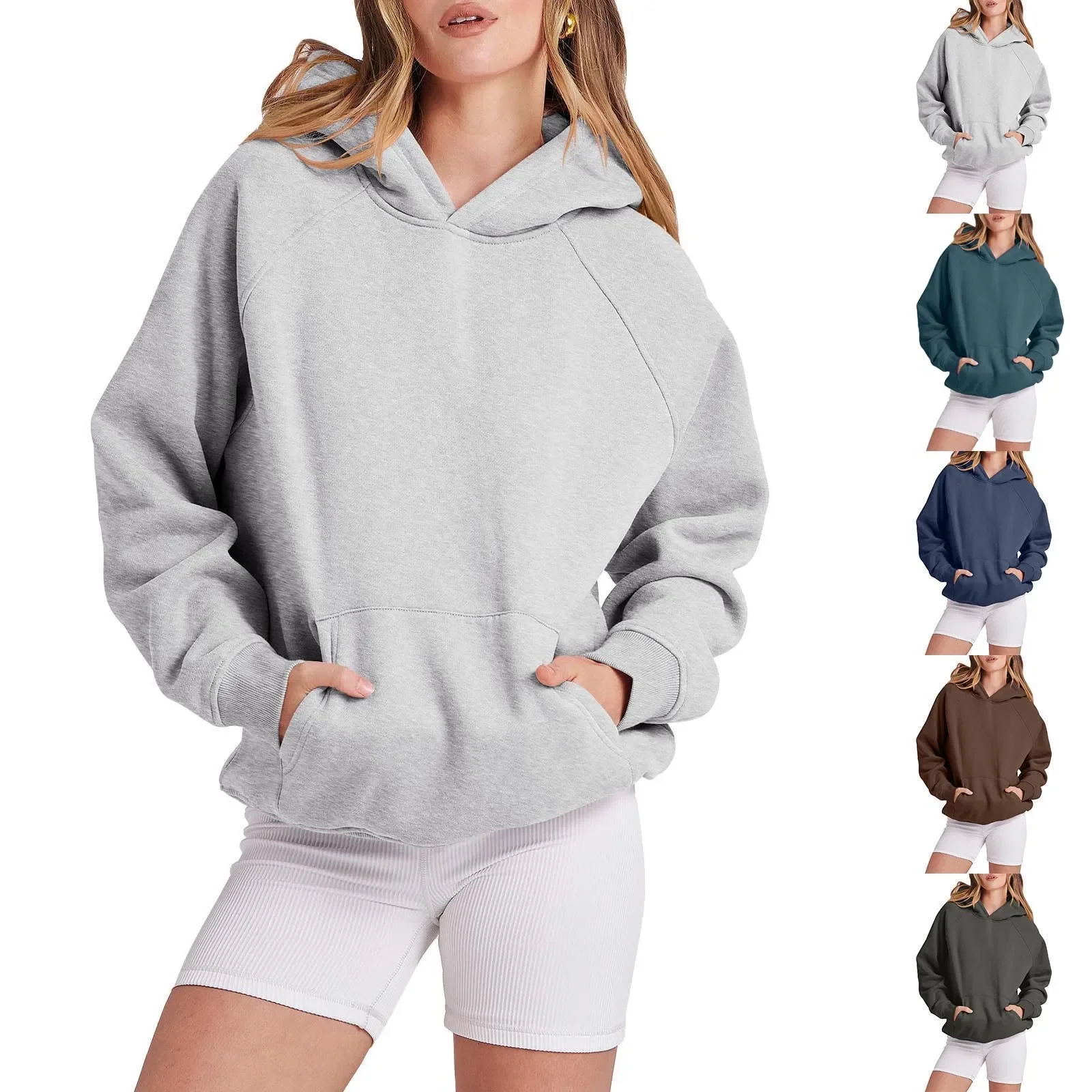 

2024 New Women's Super Dalian Hoodie Sports Leisure Elastic Sweater Solid Color Sweater Thread Sweater Long Sleeve Pullover Pock