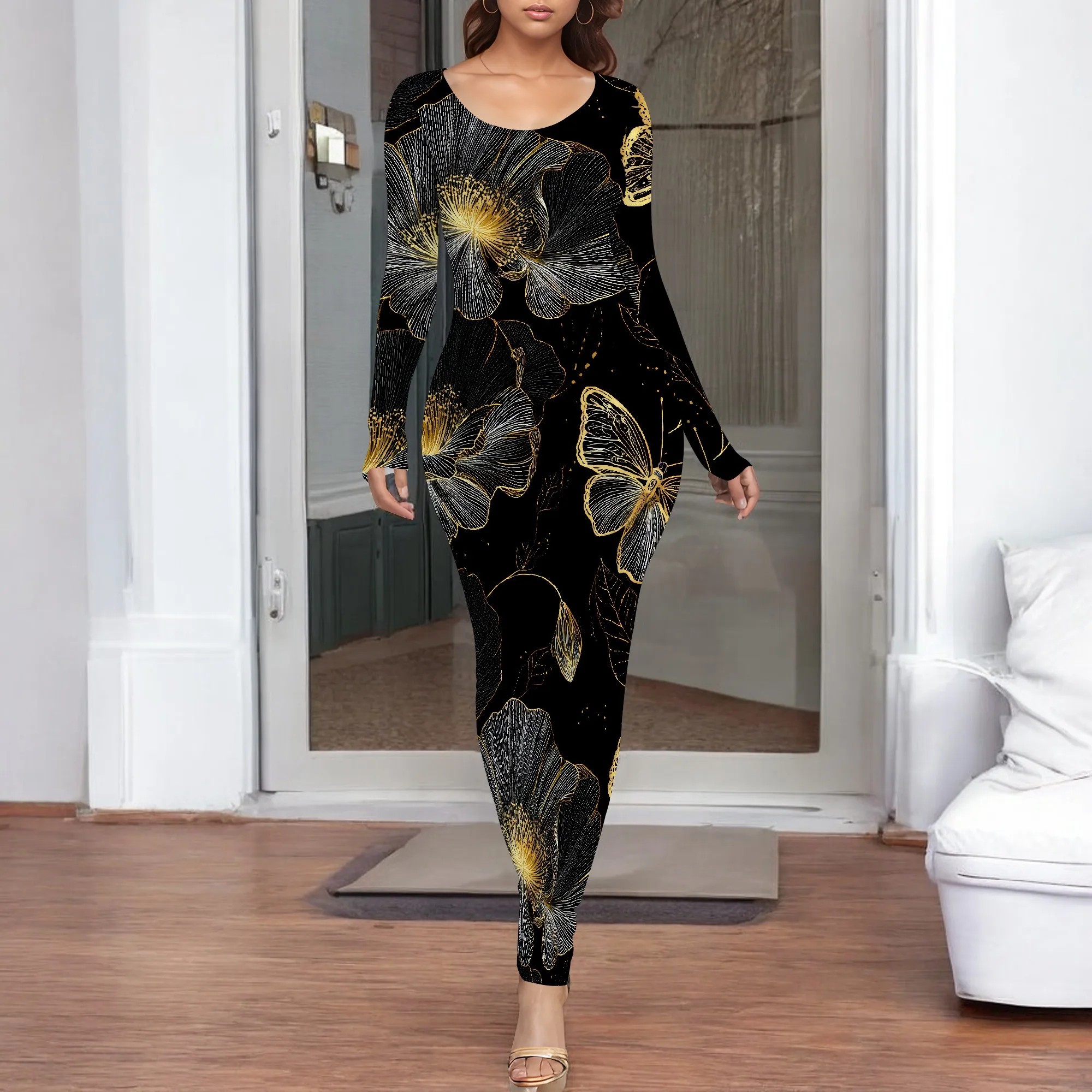 Fall Winter Women's Long Sleeve Bodycon Dress Basic Casual Crewneck Tight Midi Pencil Dress Elegant Fitted Club Party Dresses