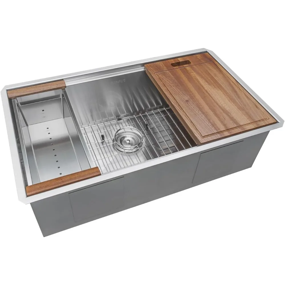 

32-inch undermount round corner workstation kitchen sink single bowl – 16 gauge stainless steel kitchen sink with brushed finis