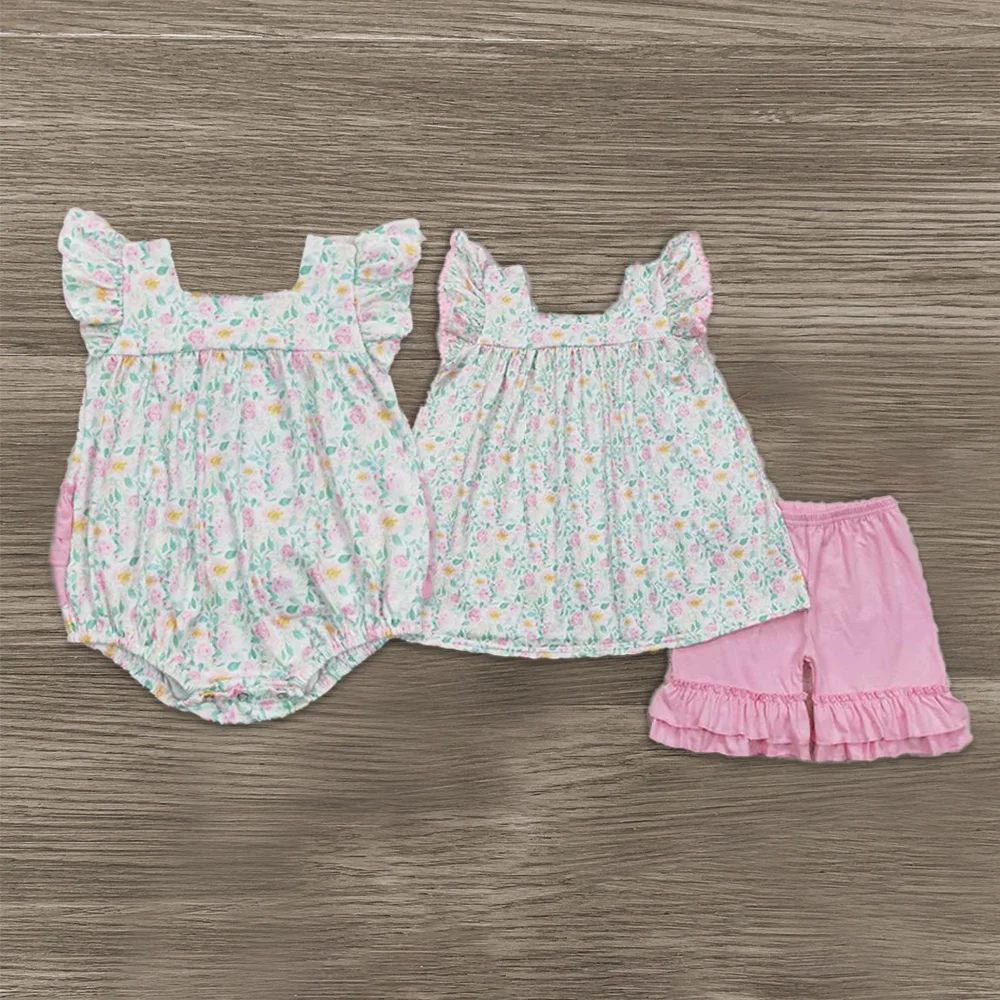 

New Fashion Match Baby Girls Pink Flowers Tops Ruffle Shorts Clothes Sets Romper Wholesale Boutique Children Clothing RTS