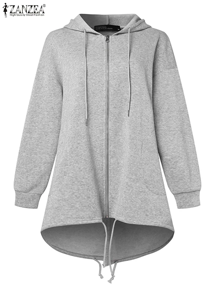 ZANZEA Women Solid Color Hoodies Fashion Long Sleeve Sweatshirts Casual Front Short Back Long Tops Autumn Zipper Hooded Outwears