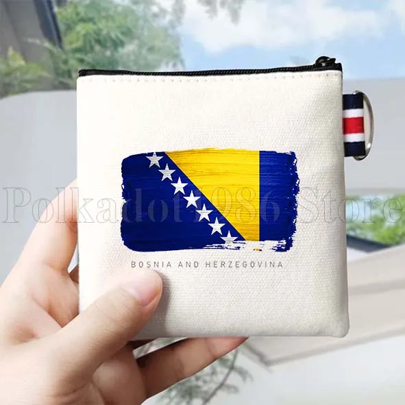 Bosnia Herzegovina Flag Map Bosnian Gifts Canvas Coin Purse Bag Small Square Key Bag Storage Card Bag Cotton Wallet Zipper Pouch
