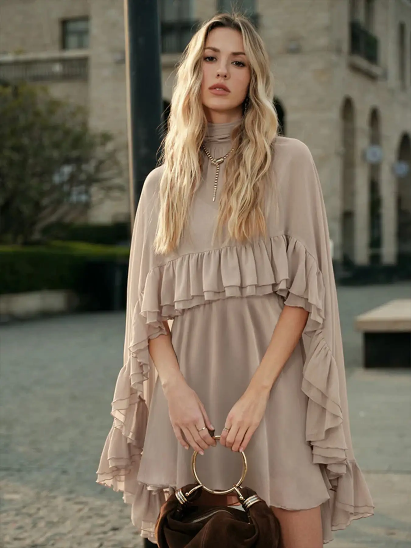 Nagodo Zomer Chiffon Elegante Jurk Met Volants Rand Mouwloos Hemdje Bruin Bordeaux Tweedelige Set Mid Jurken Dames Feestjurk - afbeelding 1
