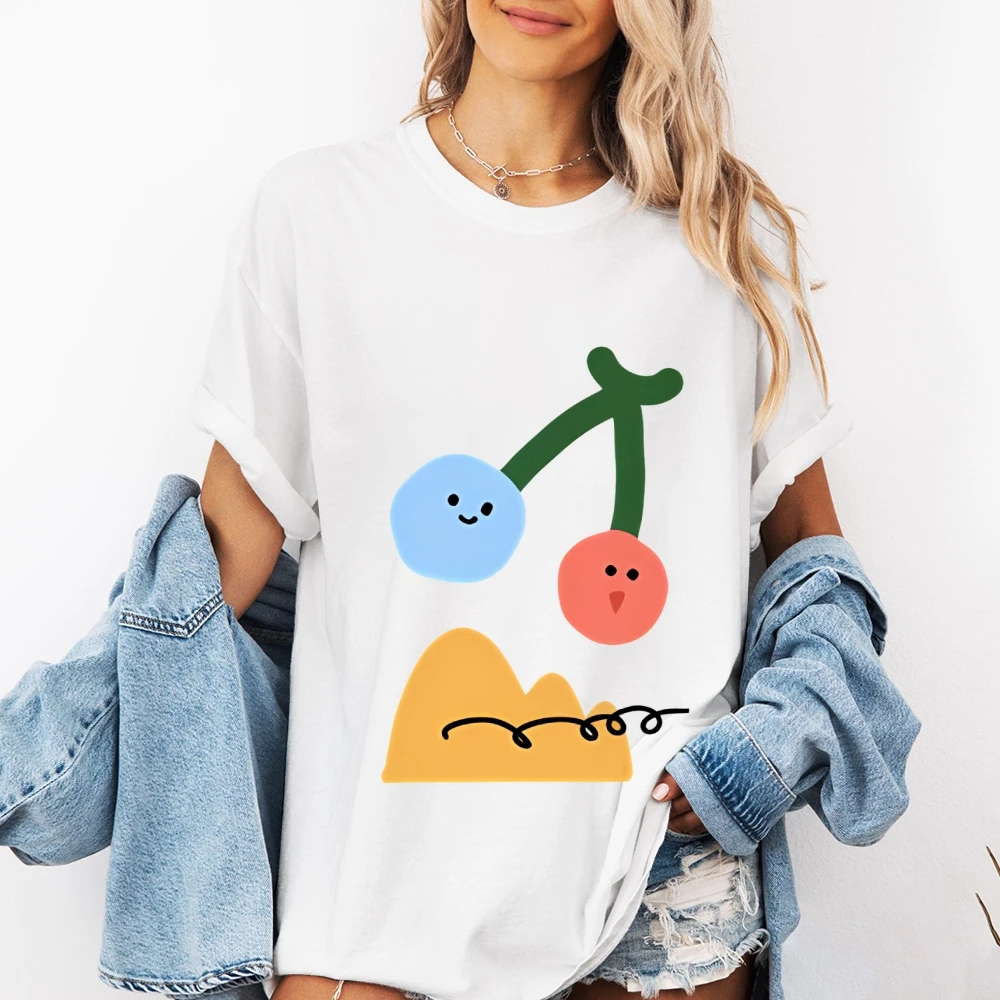 

Y2K милый женский повседневный хлопковый топ большого размера с короткими рукавами и дизайном Cherry Mountain, дышащая ткань, повседневная одежда, графический принт,