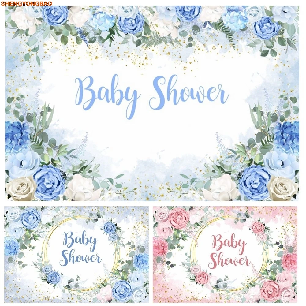 

Flowers Baby Shower Backdrop Blue Pink Baby Girl Boy Birthday Party Customize Photography Background Banner Photo Studio Props