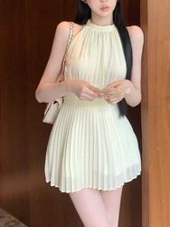 France Elegant Sexy Off Shoulder Pleat Dress Women Sweet Solid Sleeveless Party Dresses Fashion Chic A-line Slim Beach Clothes