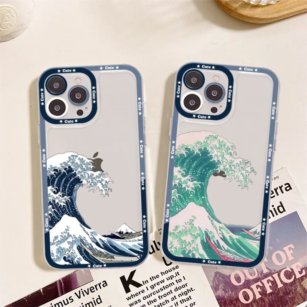 Japanese Illustration Waves Phone Case For IPhone 15 14 13 12 11 Pro Max Mini X Xs XR Transparent Case