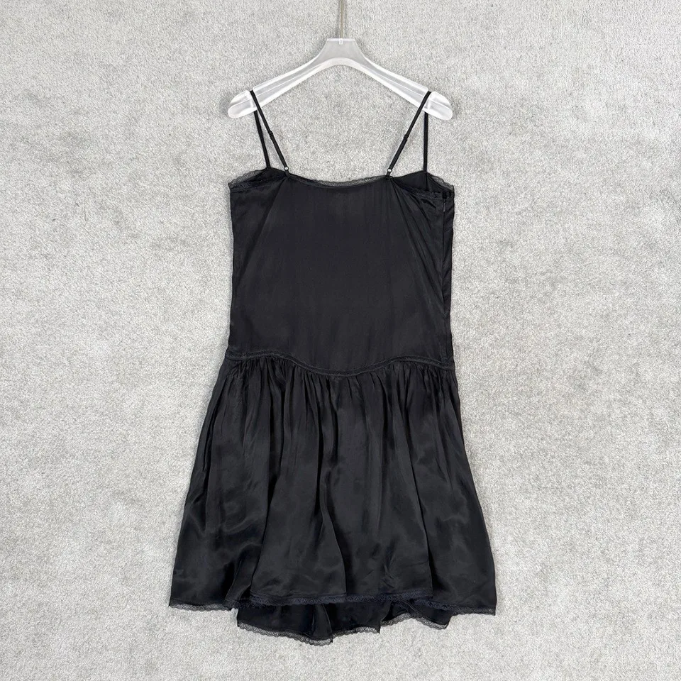 2026 Satin Slip Mini Dress with Lace Trim – Spaghetti Strap Ruffled Hem Nightie in Classic Black