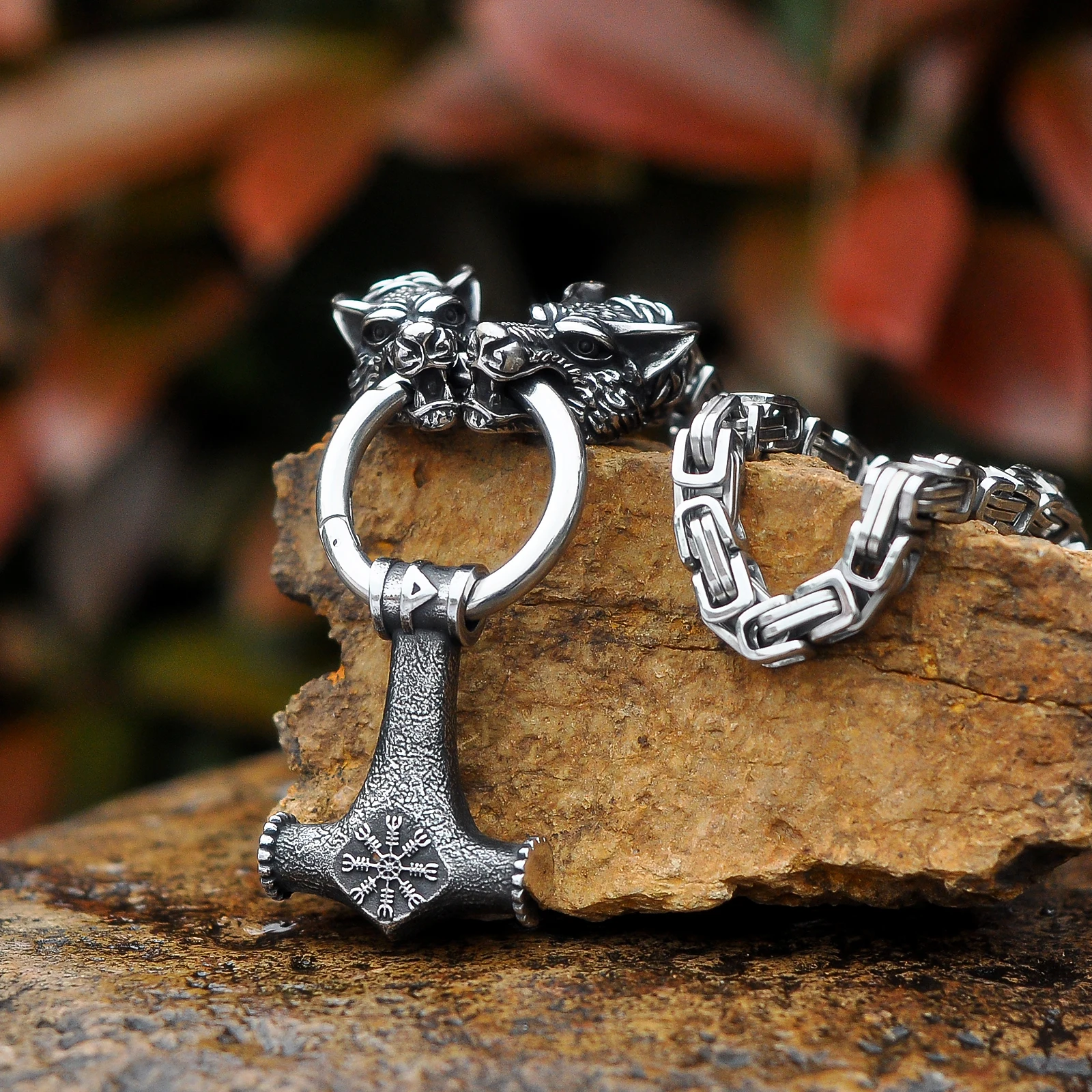 

New Arrival Stainless Steel Wolf Heads Thor's Hammer Pendant King Chain