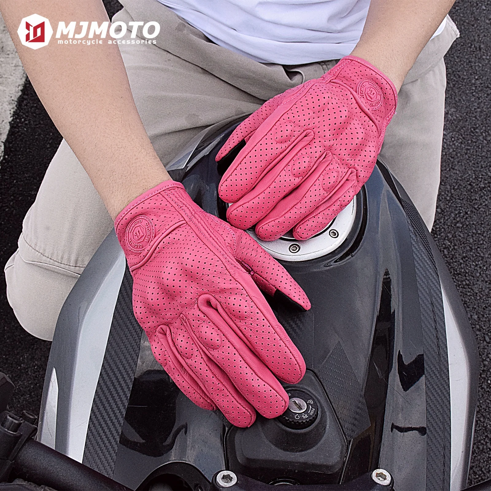 

Retro Leather Motorcycle Gloves Women Breathable Holes Motocross Gloves Motorbike Gloves Lady Pink Cycling Gloves Touchscreen