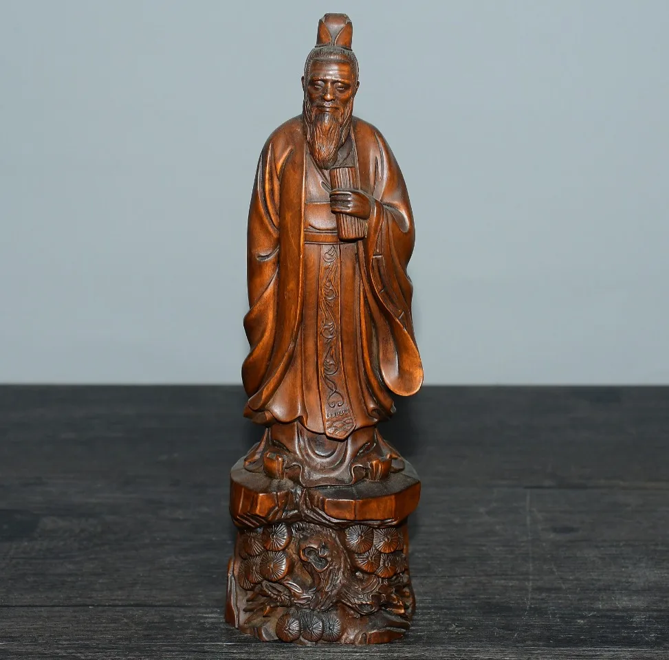 

8"Tibetan Temple Collection Old Boxwood Confucius Statue Confucius sage founder of Confucianism Ornaments Town House Exorcism