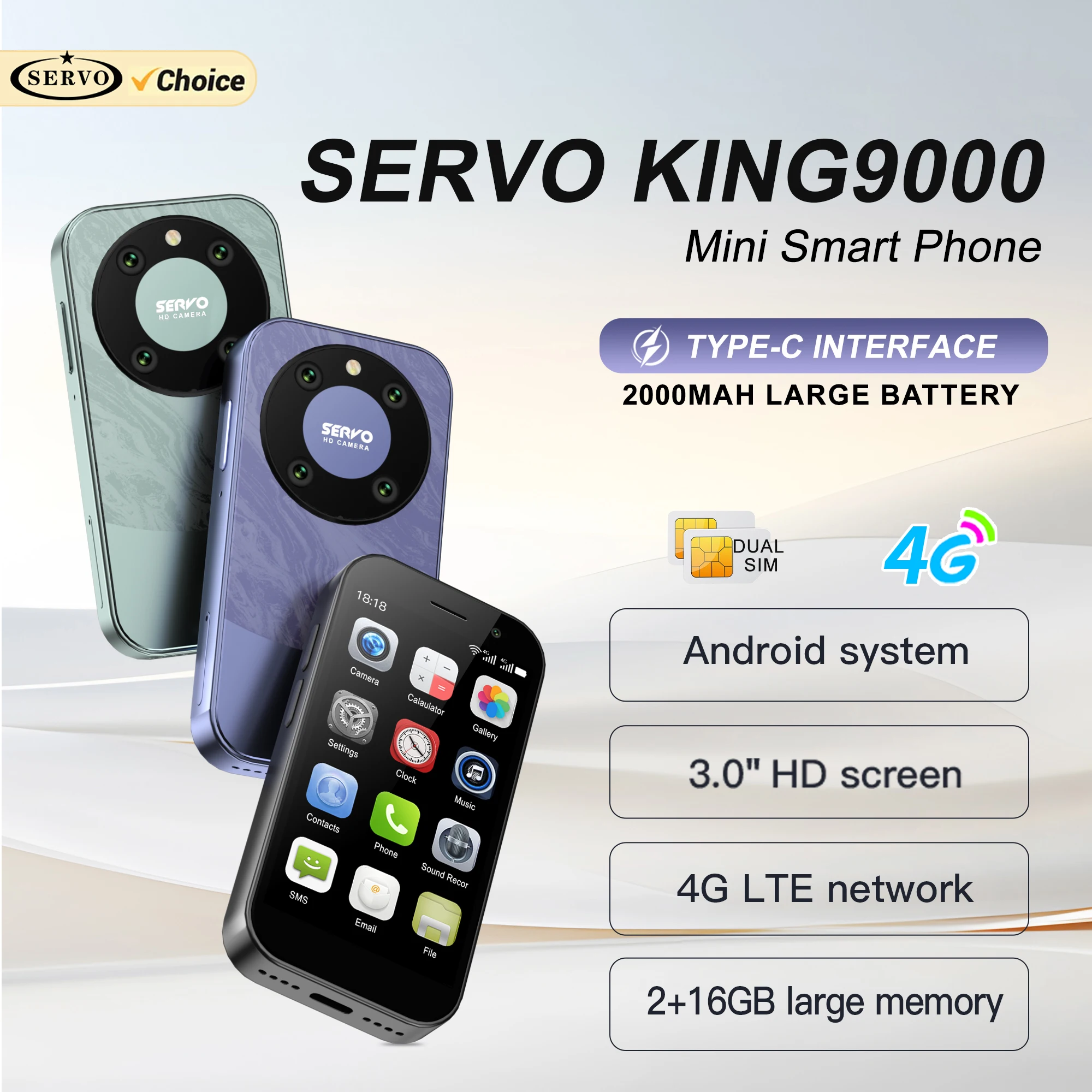 SERVO KING9000 Mini Android Smartphone 2 SIM Standby 4G Network 2GB+16GB APP Download Play Store WiFi 3.0 inch Cute Smart Phones