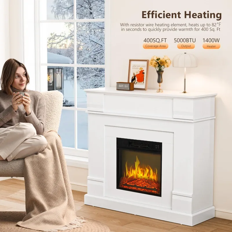 47'' Electric Fireplace with Mantel, Freestanding Heater with Timer, 6 Realistic Flames & Adjustable Temperature for