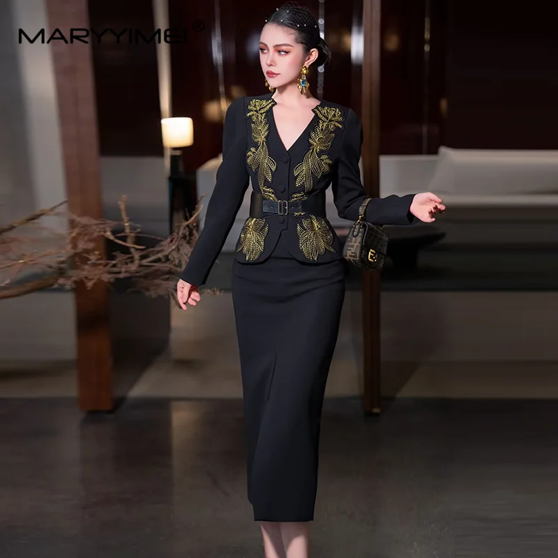 MARYYIMEI Fashion Runway Autumn Winter Suit Lace-Up V-Neck Embroidery Design Tops+Pretty Slim-Fit Hip Wrap skirt 2 piece set