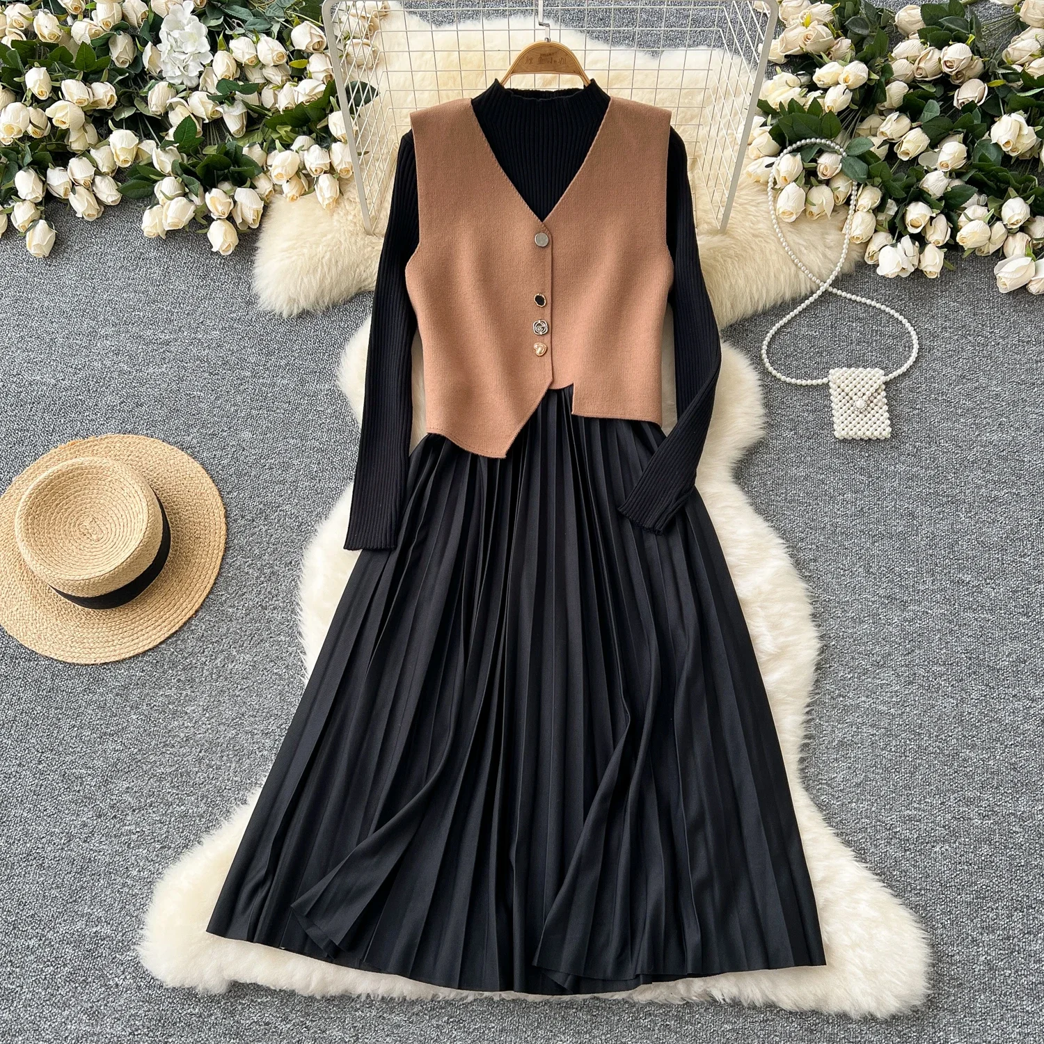 Women Two-Piece Sets Vintage Asymmetrical Vest and Half High Collar Spliced Dress Korean Streetwear High Street Autumn Clothing