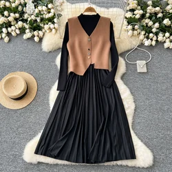 Women Two-Piece Sets Vintage Asymmetrical Vest and Half High Collar Spliced Dress Korean Streetwear High Street Autumn Clothing