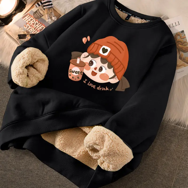 EVNISI Autumn Winter Women Printed Cute Fleece Warm Sweatshirts Lambswool Thicken Thermal Sweatshirts Women Loose Casual Hoodies