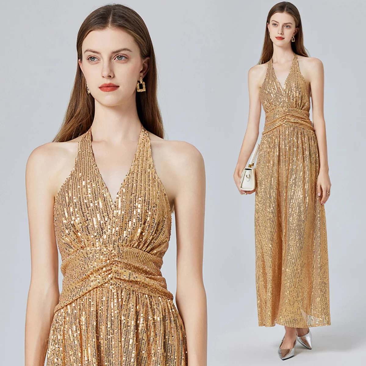 

Sexy Gold Sequin Camisole Backless Slit Jumpsuit French Women's Clothing Cocktail Party High Waisted A-line Dresses 2025