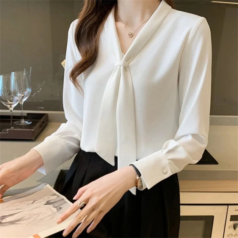 Women Spring Summer Style Blouses Shirts Lady Casual Long Sleeve Bow Tie Collar White Color Blouses Shirts DF4989