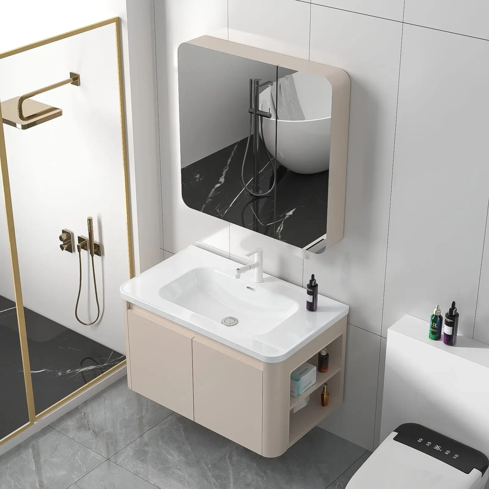 Thickened honeycomb aluminum bathroom cabinet combination arc integrated ceramic basin toilet side storage cabinet