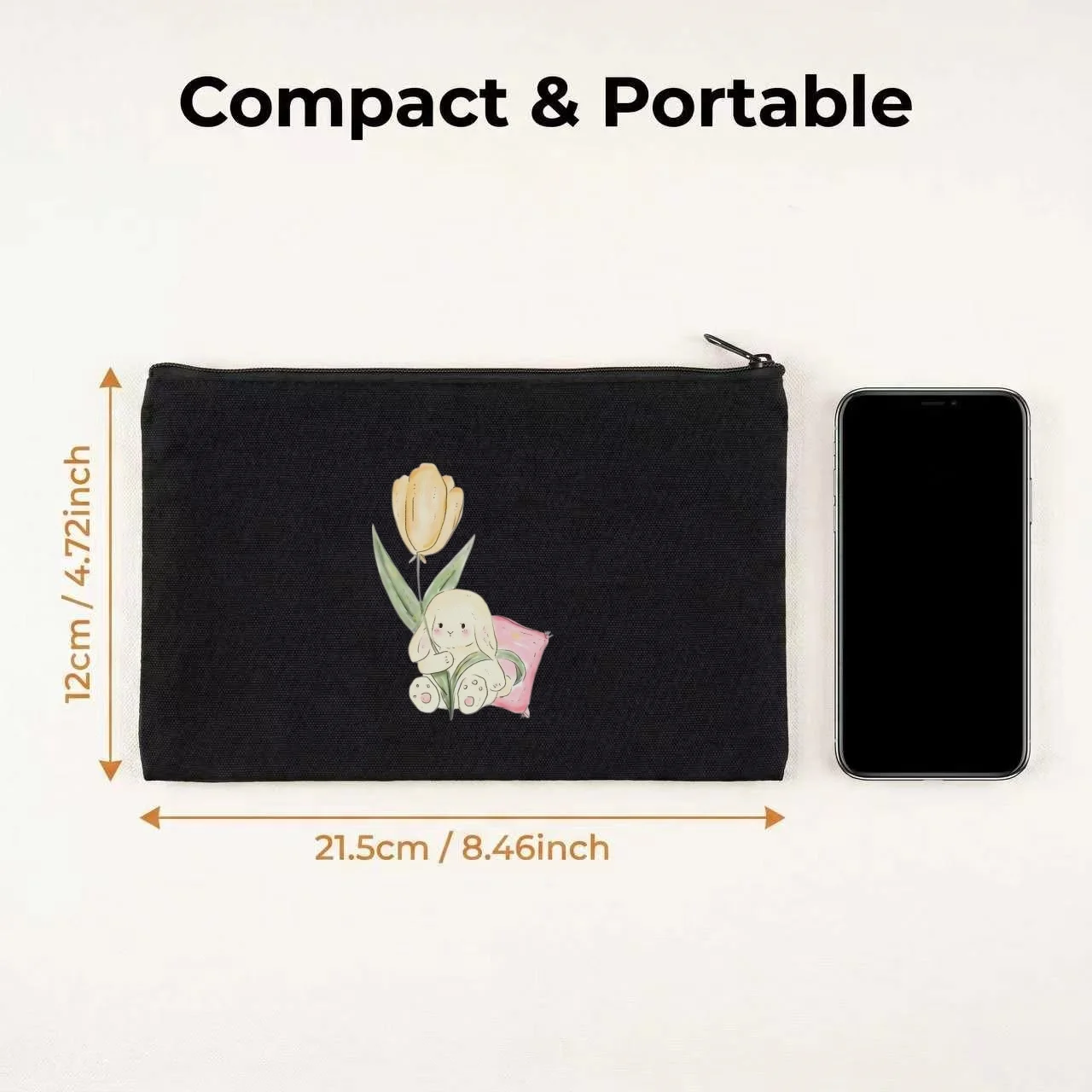 1PC Tulip Bunny Double Sided Print Canvas Cosmetic Bag Portable Travel Toiletry Pouch Unisex