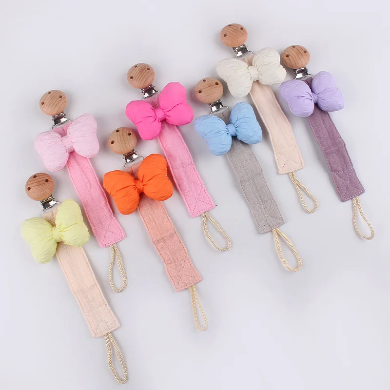 ABCPICK Cartoon Bow Infant Pacifiers Chain Baby Beech Wooden Pacifier Clips Kids Anti Drop Nipple Bracket Holder Accessories