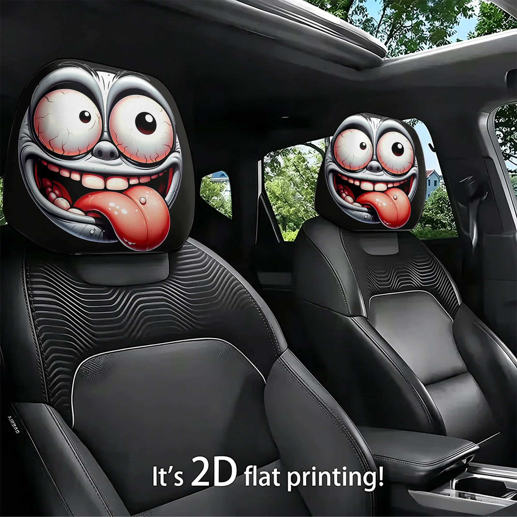 2pcs car headrest covers featuring crazy facial expressions to add a touch of fun to your car’s interior. Does not include filli