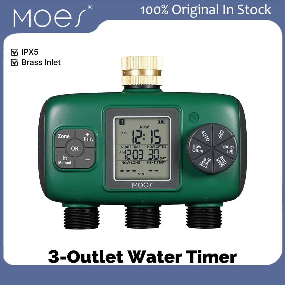 Moes 3 Outlet Water Timer IPX5 Waterproof Timed Watering Zoning Irrigation Knob Button Automatic Irrigation LCD Display Screen