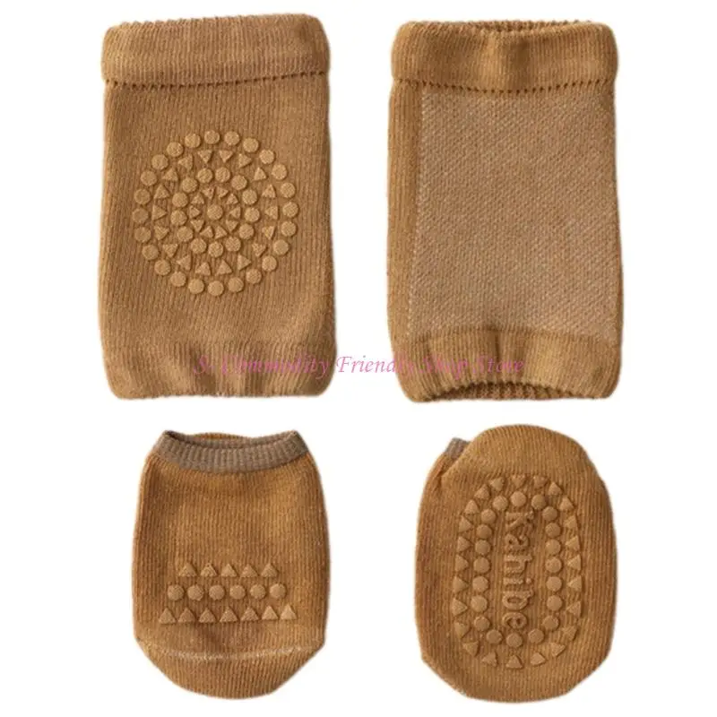 85AE طقم وسادات ركبة للأطفال وجوارب غير قابلة للانزلاق تصميم من القطن الممشط يسمح بالتهوية للمشي والزحف وسلامة الأطفال واللعب في #4