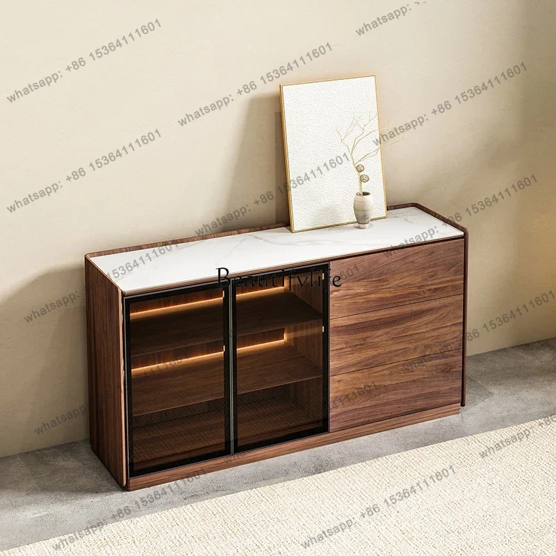 XX North America Black Walnut Stone Plate Medieval Sideboard Dining Room Light Strip Storage Cabinet