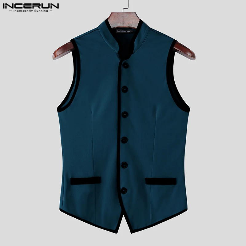 

INCERUN Men Vests Patchwork Stand Collar Sleeve Button Casual Male Waistcoats Streetwear 2025 Fashion Leisure Vests Men S-5XL
