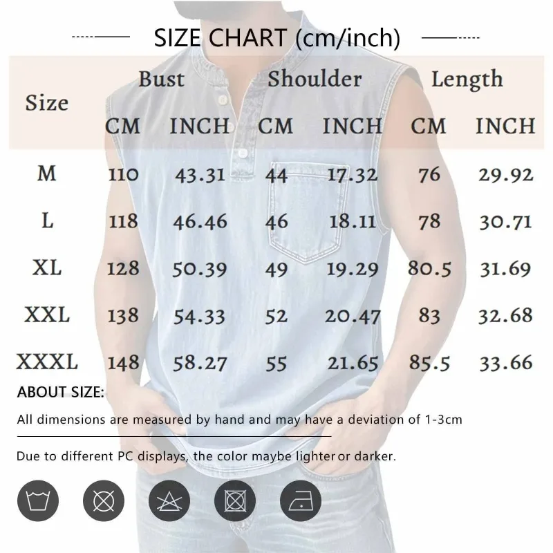Vintage distressed washed sleeveless vest for men Henley collar button-down vest simple solid color versatile casual top