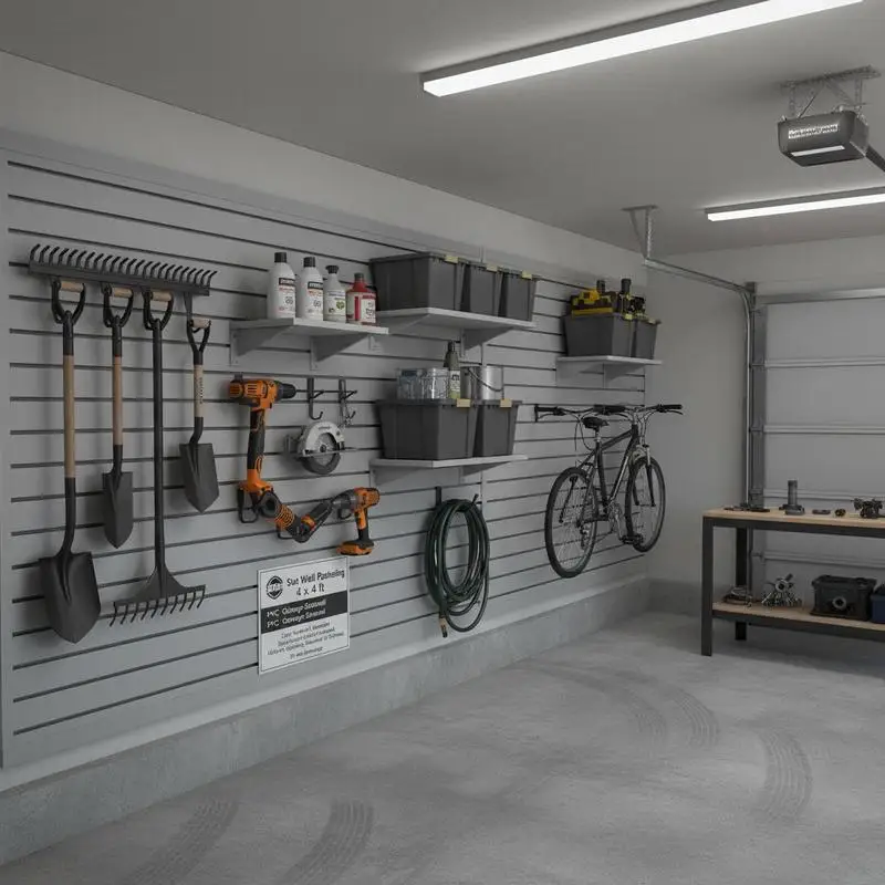 PVC Wall Plank 4 x 4 ft For Garage Workshop Retail Store, Modular Design Grey Slotted Panel Coupling Structure DIY Cutting Storage Display Organization Tool Management Adjustable Surface Size