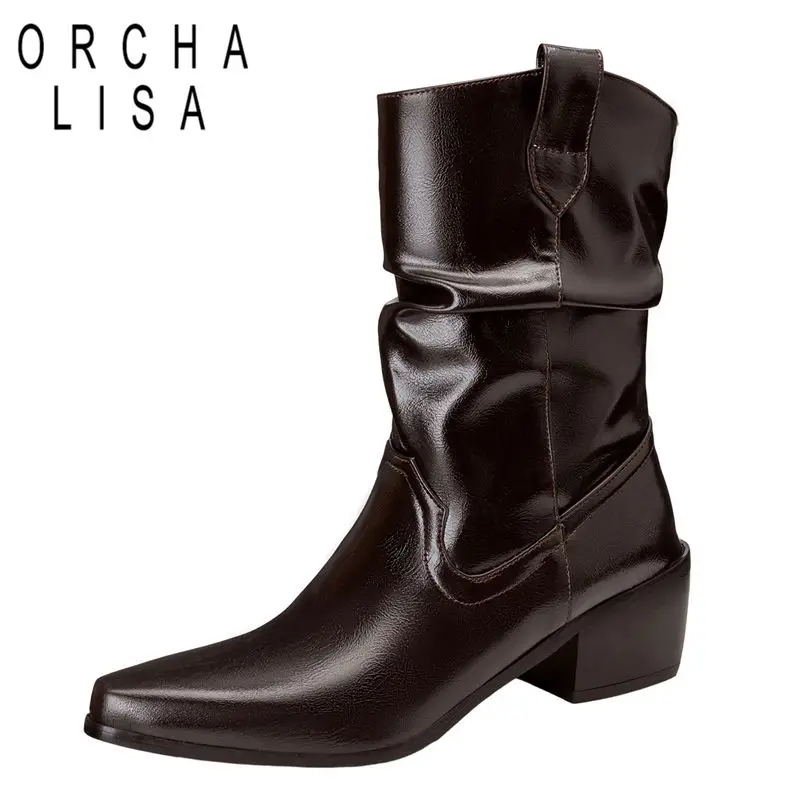 

ORCHA LISA 2025 Модные женские ботинки до середины икры с квадратным носком на блочном каблуке 5,5 см, слипоны большого размера 46 47 48 Сексуальная вечеринка для свиданий Bota