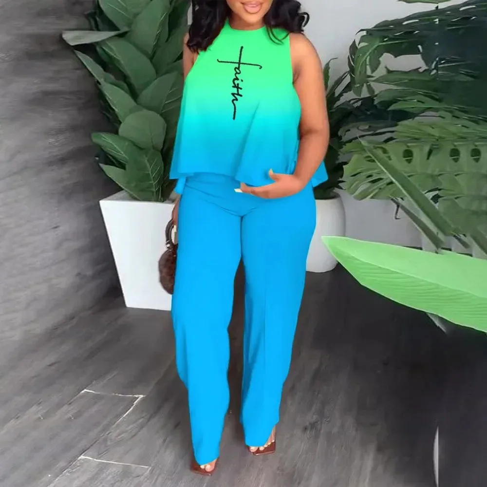 Two-Piece Set for African Women, Sleeveless Top, Wide Leg Pants, Loose, Casual, Summer Fashion, 2024