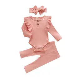 Solid Color Spring Autumn Baby Children Ruffled Fly-sleeved One-piece Romper Trousers And Headband Three-piece Suit