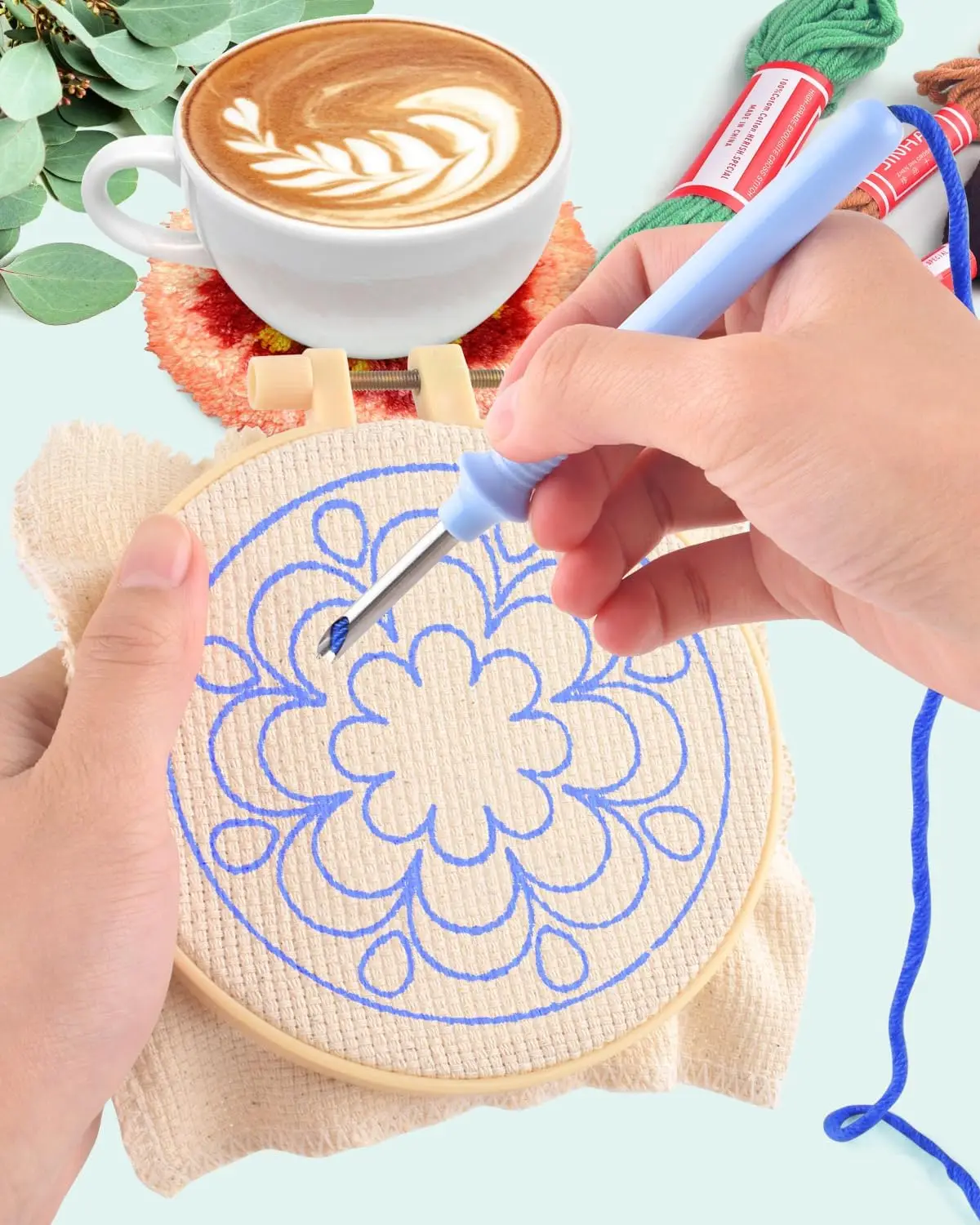 6Pcs Frog Punch Needle Coaster Kit DIY Coaster Making Set Felt Yarns Embroidery Kit for Adult Beginner Home Decoration