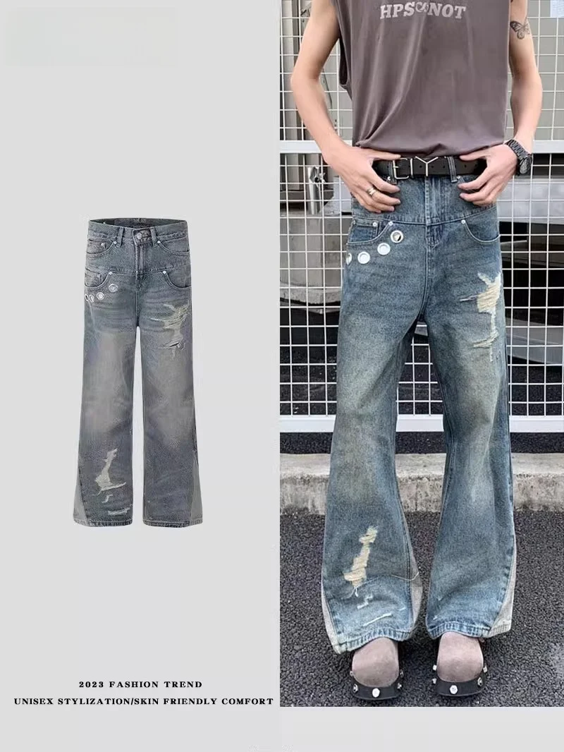 

Retro American Waed Distred Denim Jeans High Street Loose Casual Straight Leg Wide Leg Pants for Men And Women