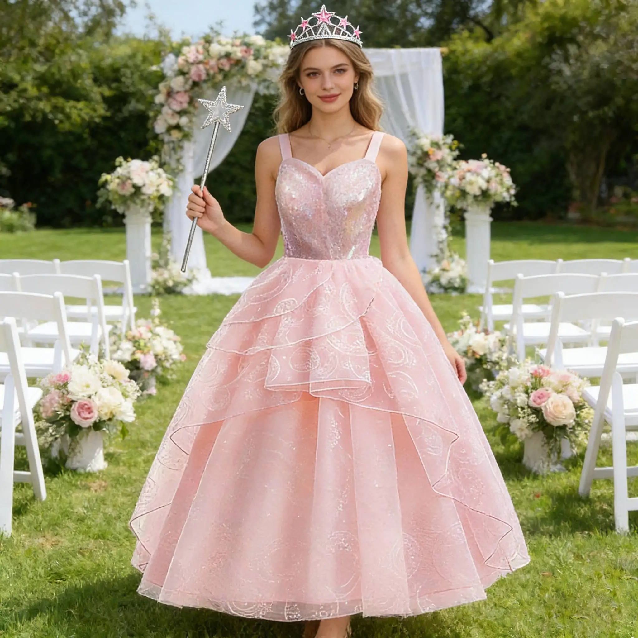 

Good Witch Glinda Costume Teenager Dress for Girls Adult Women Halloween Cosplay Outfits With Crown Magic Wand