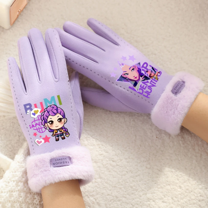 KPop Demon Hunters Gloves Cute Cartoon Winter Outdoor Activities Warm Cold Resistant Plush Full Finger Mittens Children's Gift