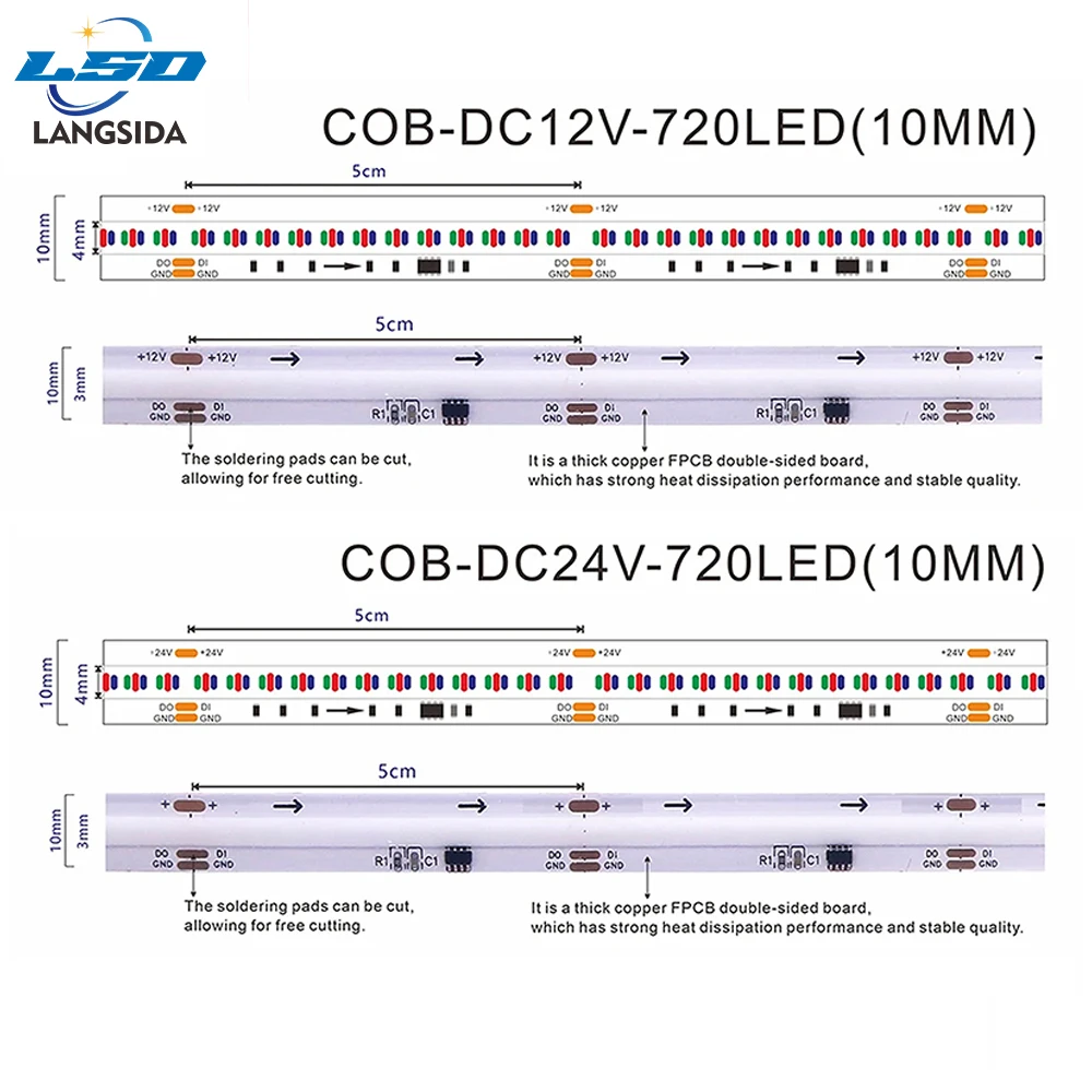FCOB WS2811 어드레서블 RGB COB LED 스트립 12v 24v 720LEDs/m SP530E 2.4GHz 블루투스 컨트롤러 & RC3/RB3 리모컨 1m2m3m4m5m 세트
