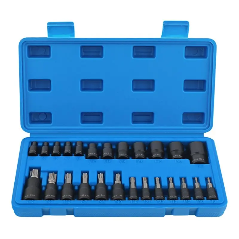 ABAE-25 Piece Torx Bit And Socket Set 13 Star Bits (T8- T60) & 12 E-Torx Sockets (E4-E22) Professional Grade Tool Set