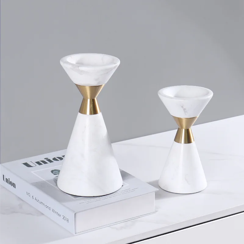 Natural marble candle holder decoration sample room living room decoration double conical central metal splicing candle holder