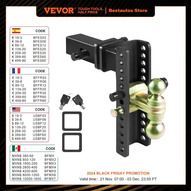 VEVOR Adjustable Trailer Hitch Ball Mount with 2.5-Inch Receiver Solid Tube  Key Lock 14500 lbs Tow Balls for Truck Towing