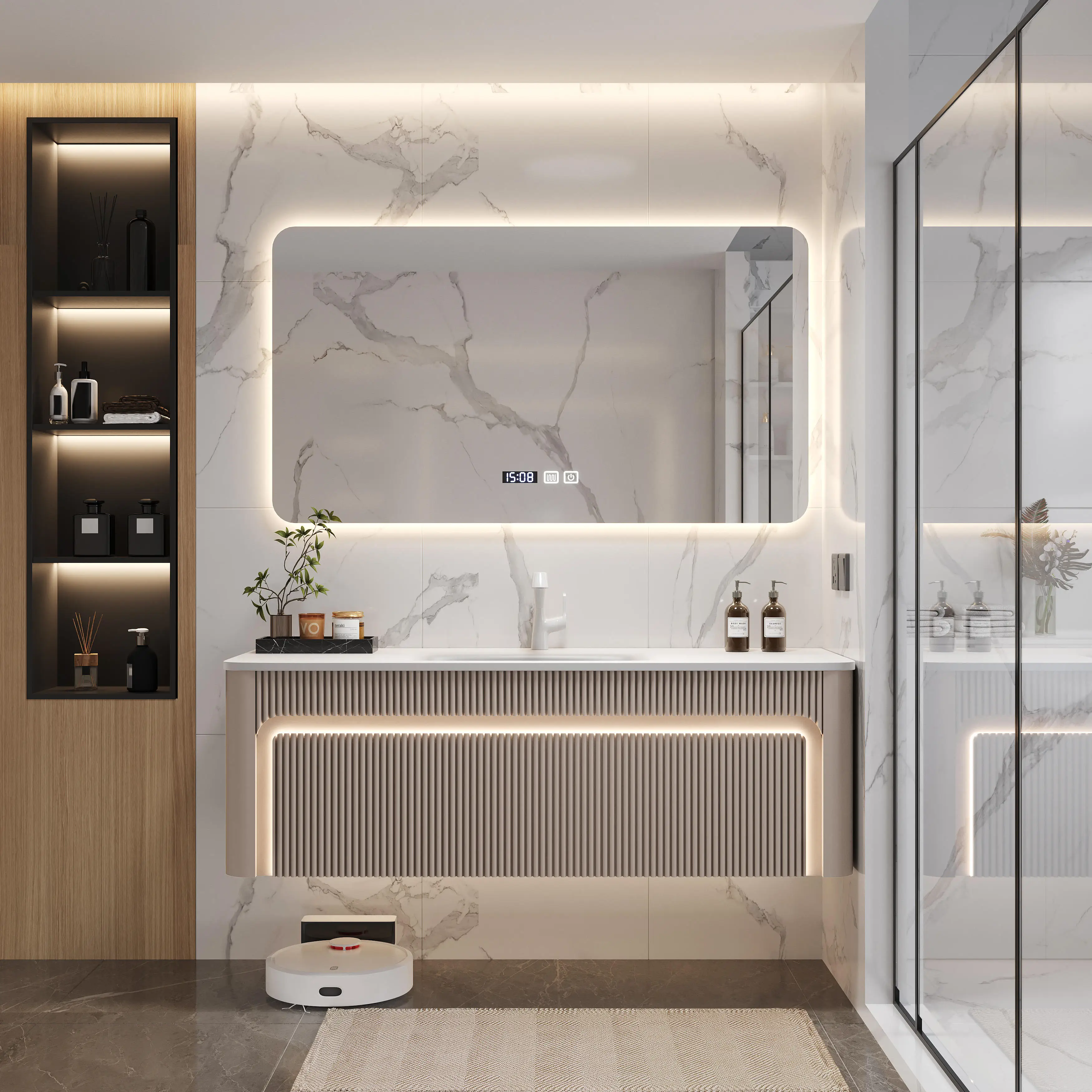 Bathroom Vanity Units with Sink, Wall Hung Waterproof Cabinet Set, Modern Bathroom Furniture, 24 Inch White Gloss